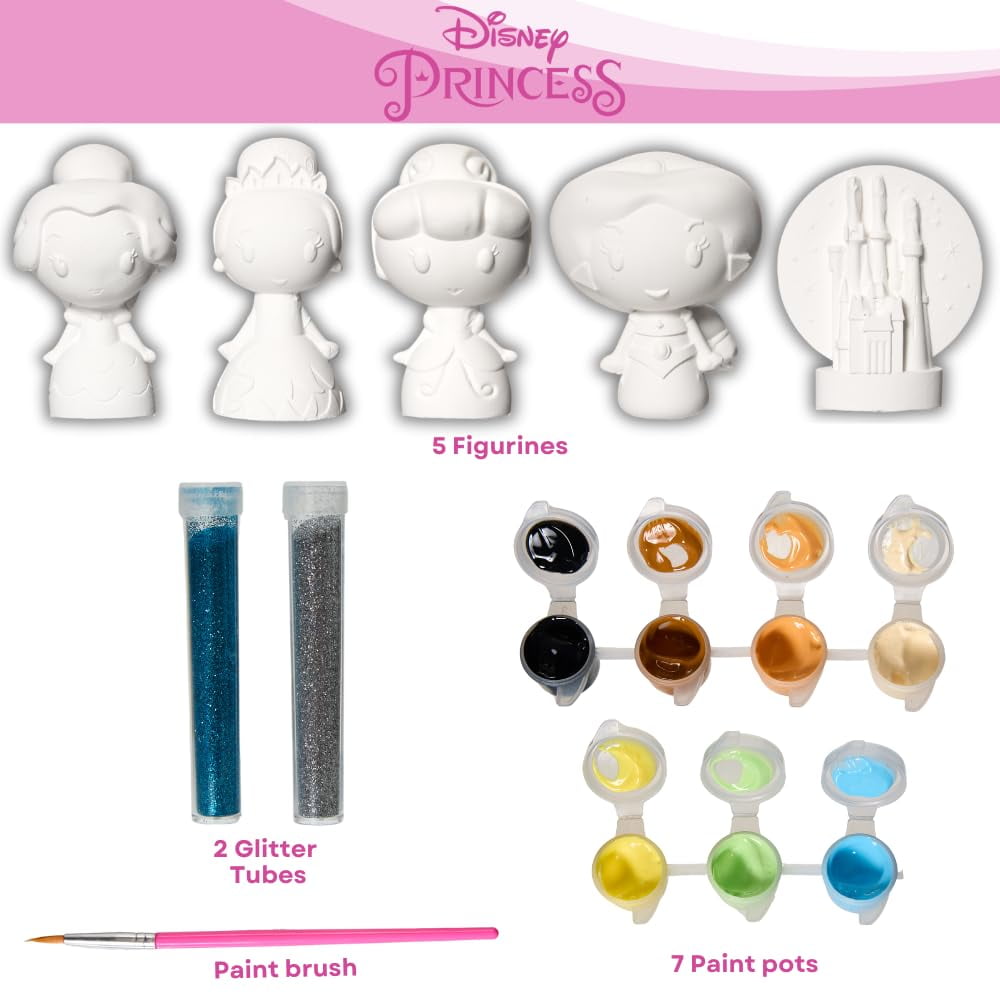Disney Princess DIY Paint Your Own Figurines Arts and Crafts Set for Girls, Paint, Paint Brush, and Glitter – Cinderella, Belle, Tiana, Jasmine, and Princess Castle
