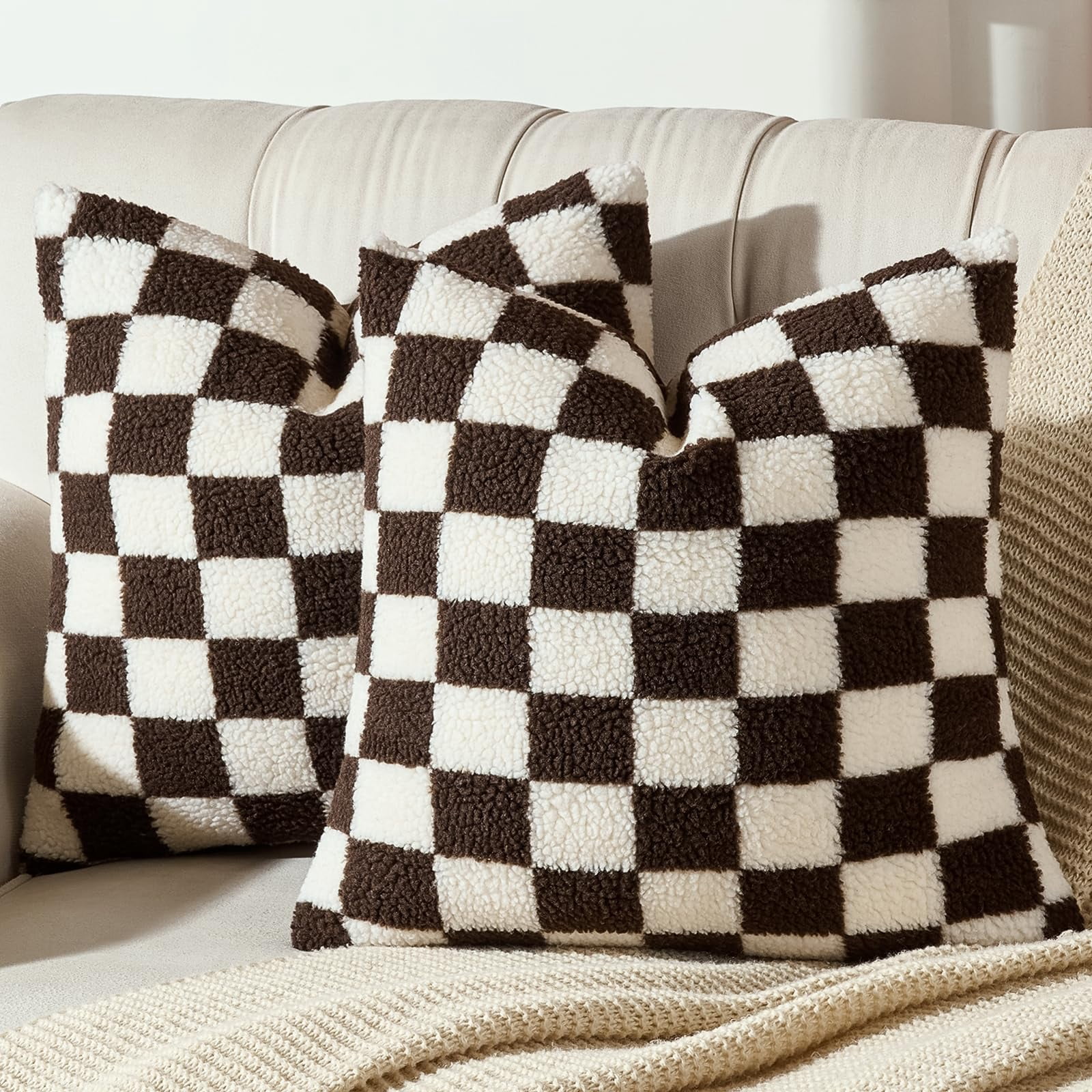 Lanola Pack of 2 Decorative Throw Pillow Covers Checkerboard Luxury Super Soft Faux Fur Wool Set Case Cushion for Couch Sofa Bedroom 18 x 18-Inch Camel