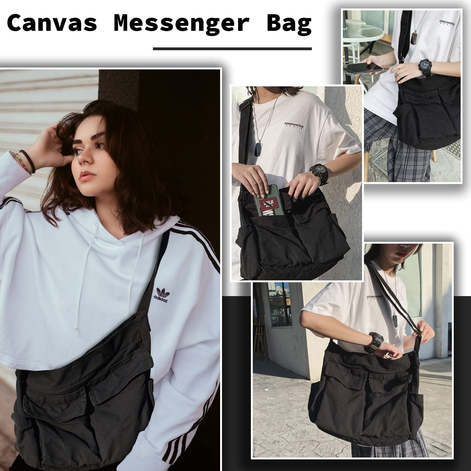 Canvas Messenger Bag Large Hobo Crossbody Bag with Multiple