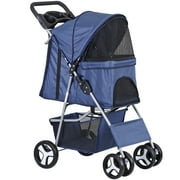ZENSTYLE 4 Wheels Pet Stroller Foldable Carrier Strolling Cart for Cat Dog w/ Storage Basket Navy Blue