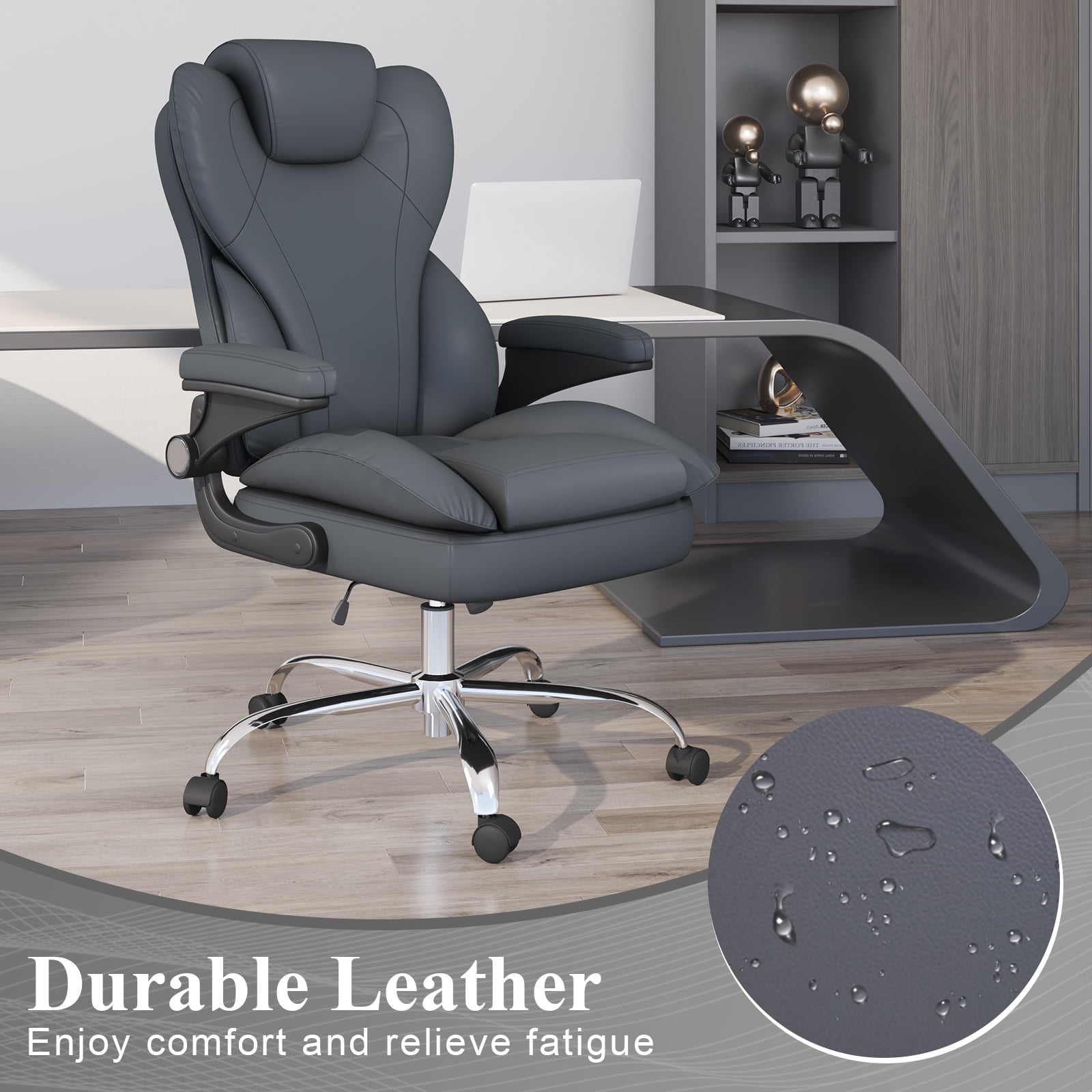 E-motie Home Office Chair with Flip-up Arms, Adjustable High Back Chair, Quiet Nylon Wheels, Grey