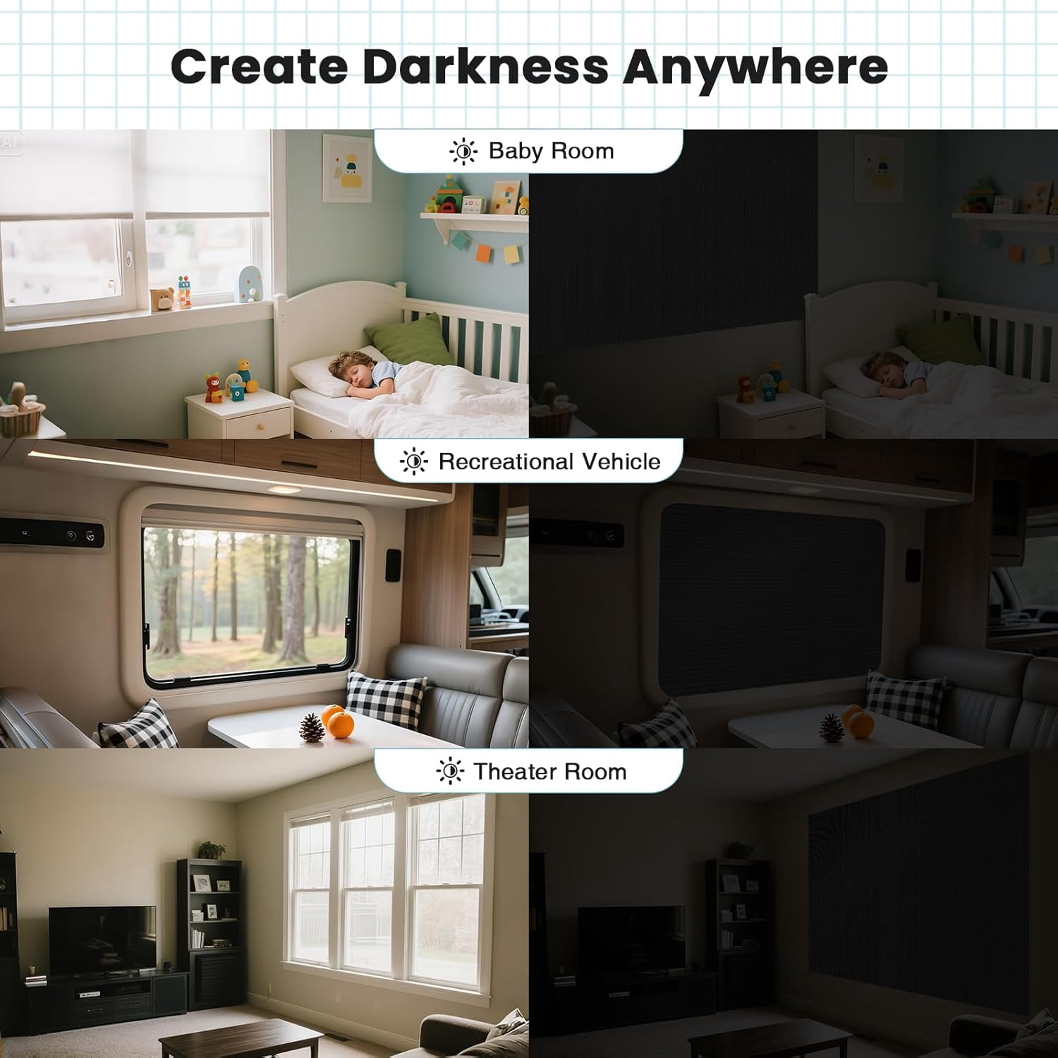 Portable Temporary Blackout Curtains, 50" x 57", 100% Blackout Window Shades, No Drill Cuttable Blackout Windows Blinds with Hook & Loop Stickers, Windows Cover for Baby Nursery Thermal Insulated