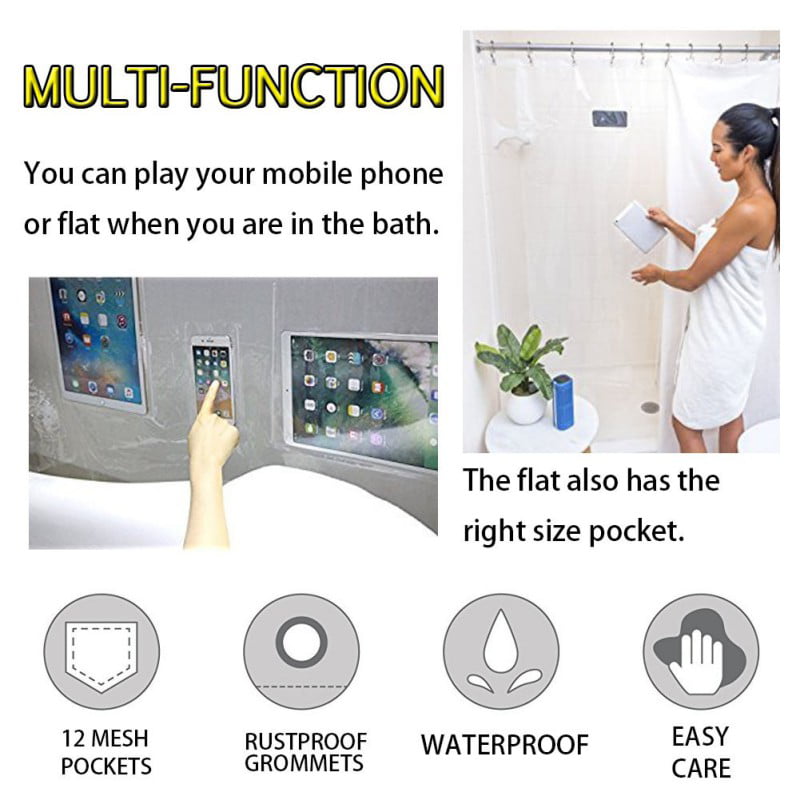 Waterproof Clear Bathroom Shower Curtain with Pockets Phone Holder Curtain Set 
