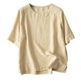thumbnail image 2 of Short Sleeve Shirts for Women Linen Shirts For Women 2025 Summer Tops Short Sleeve Loose Crewneck Tunic Tees Casual Blouse,Yellow Women's Short sleeve T-shirt XXL, 2 of 3