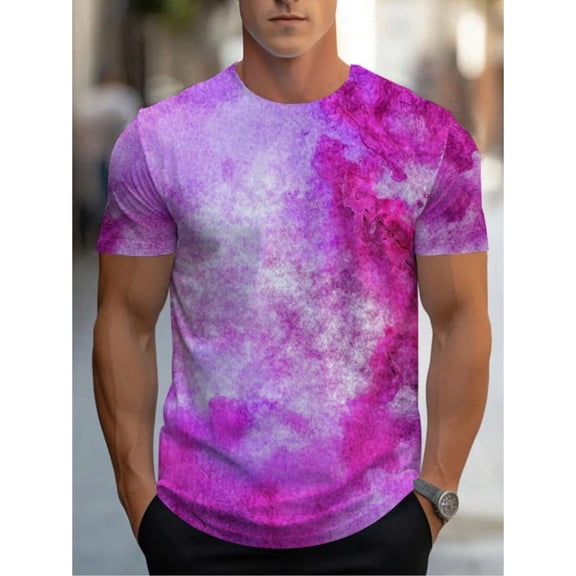Men's Purple Pink Tie Dye Print T Shirt Casual Crew Neck Short Sleeve Tee, Full Print Crew Neck Short Sleeve Tee, Casual Summer Top, All Over Printed Graphic T-Shirt