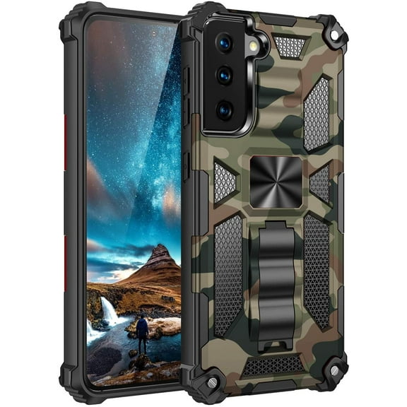 for Samsung Galaxy S21 Ultra, Camouflage Sturdy Case with Heavy Duty Shockpro of Military Grade Anti-Fall Protection and Built-in Magnetic Cover for Samsung Galaxy S21 Ultra MC Army Green