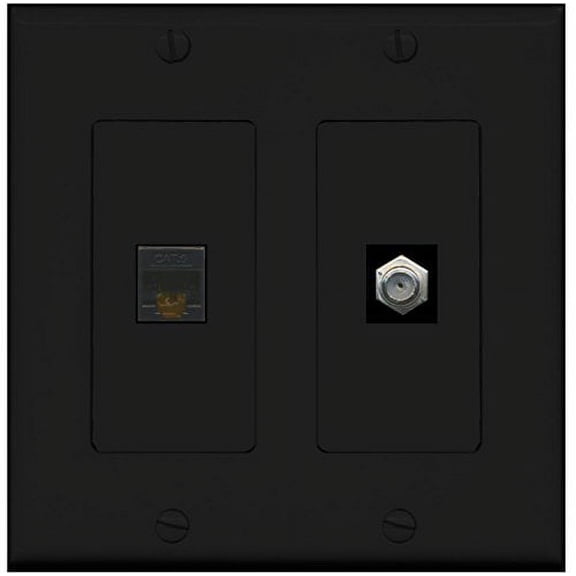 RiteAV - 1 Port Coax Cable TV- F-Type 1 Port Cat6 Ethernet Dual Gang Wall Plate - Black