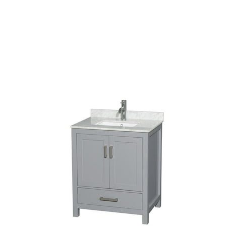 Wyndham Collection Sheffield 30 inch Single Bathroom Vanity in Gray, White Carrera Marble Countertop, Undermount Square Sink, and No