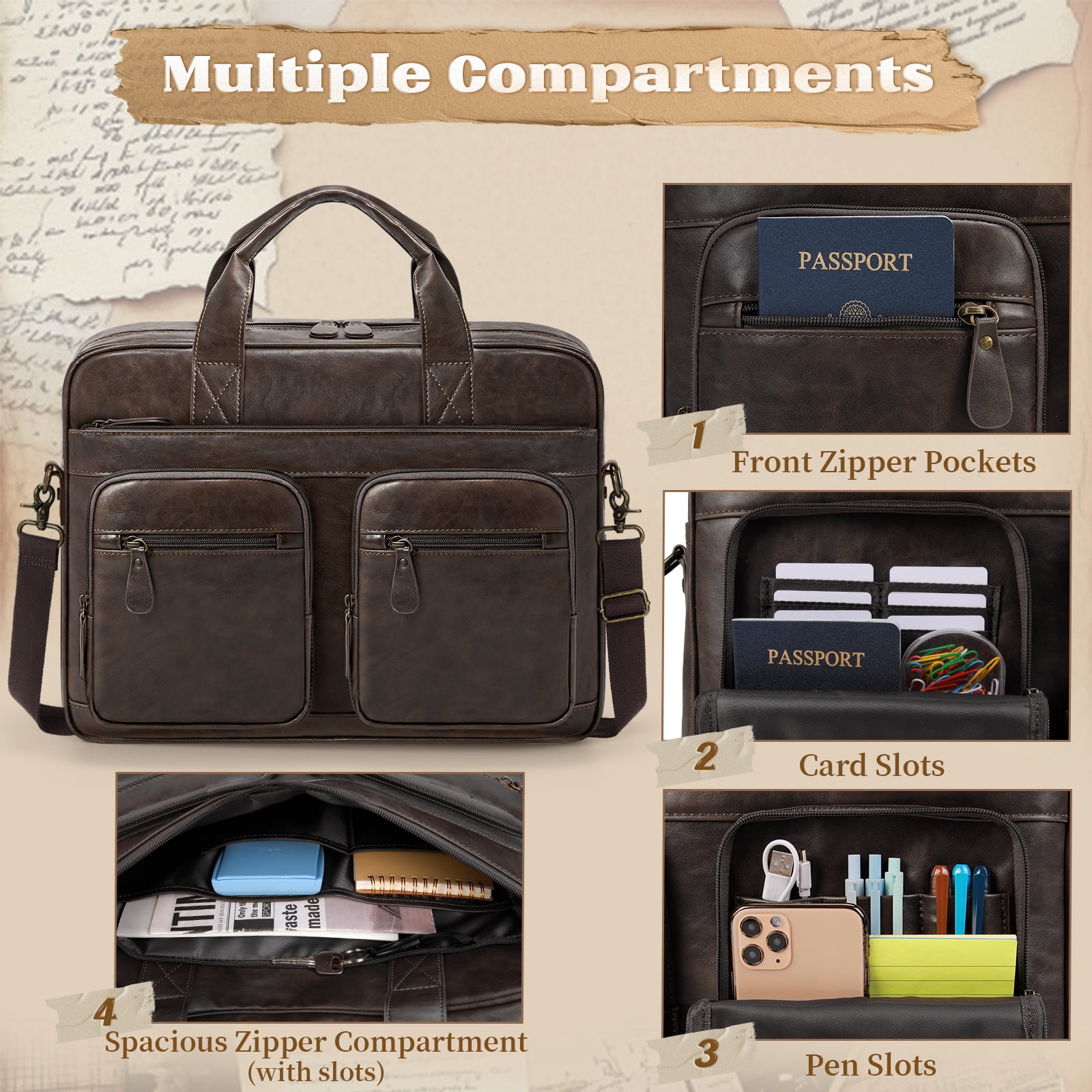 RAINSMORE 15.6 Inch Messenger Bag for Men Vintage PU Leather Laptop Bag Waterproof Computer Briefcases for Men Retro Mens Briefcase Satchel Bag for Work Office Business Travel,Coffee