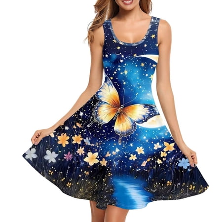 Yuyamidu Stylish Butterfly Flower Print Women s Dresses Tank Top Dress Women s Casual Dresses Travel Sundress with Pocket Women s Swimsuits Cover Ups Scoop Neck High Waist Clothing Size L