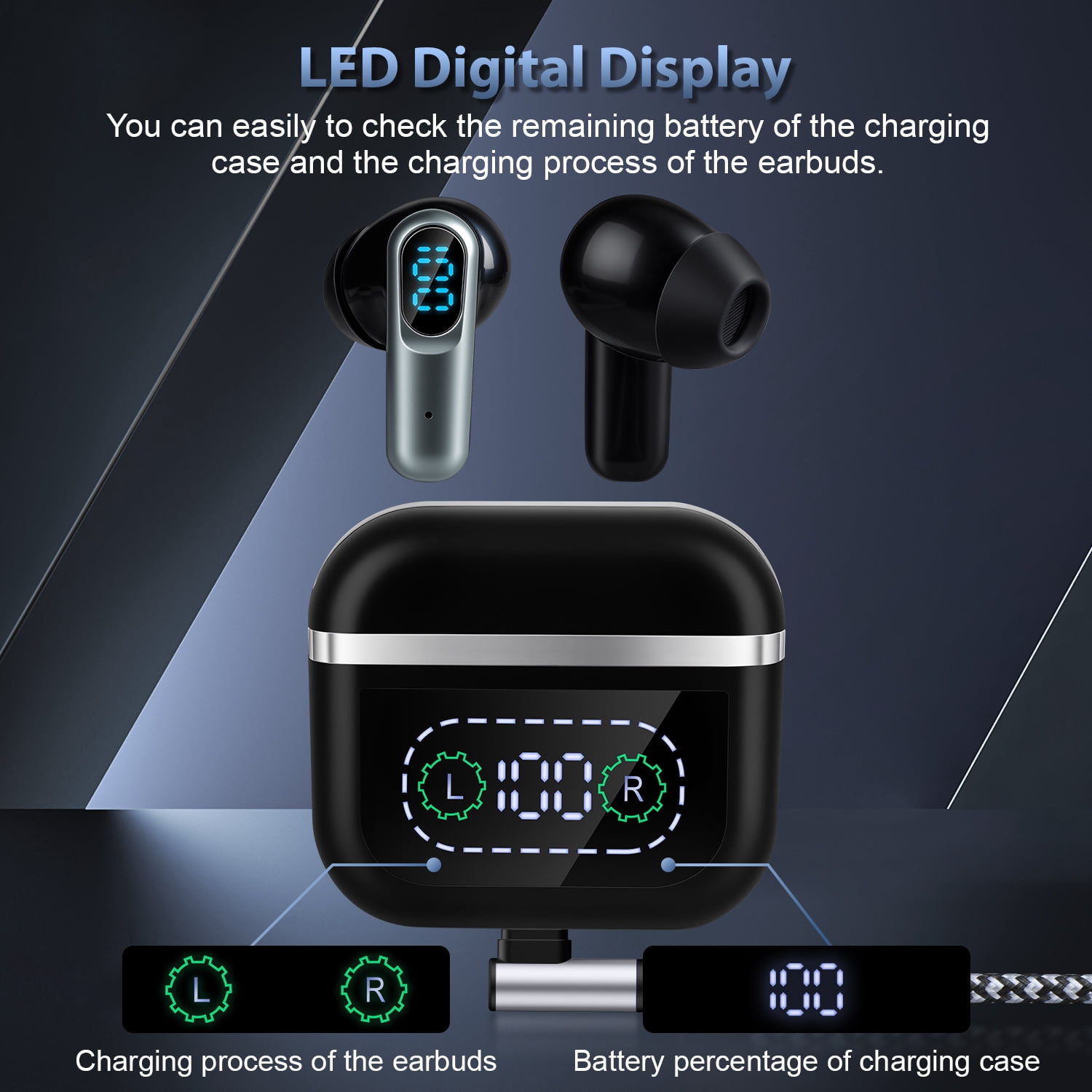 Wireless Earbuds for Android with Strap,Bluetooth 5.4 Earbuds Headphones Noise Cancelling LED Power Display Dual Mic w Charging Case Headphone Wireless Earbuds Compatible with iPhone/Android,Black