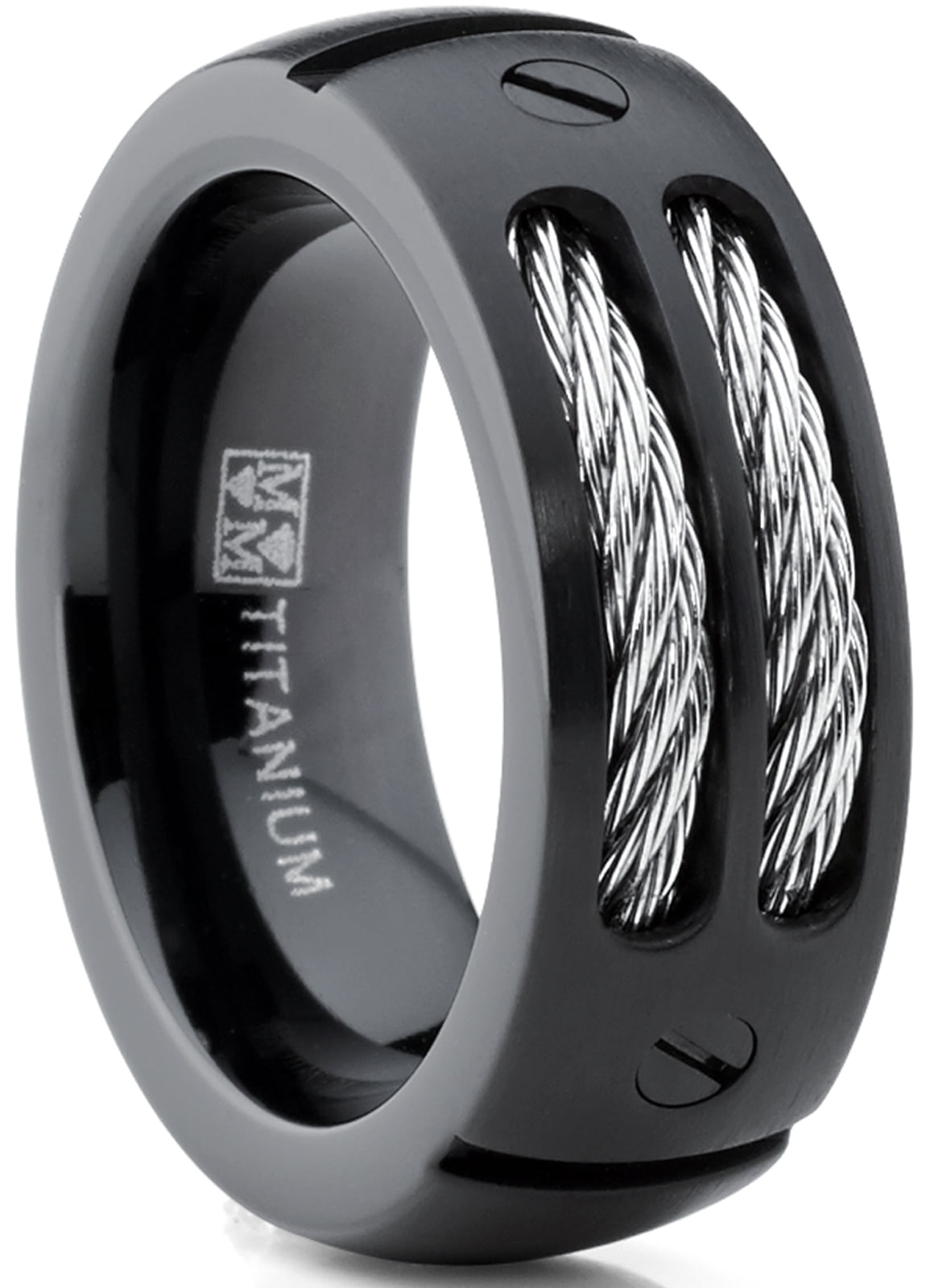 8MM Titanium I Love You Black Grooved Mens Engagement Band Ring Size 6 to 13