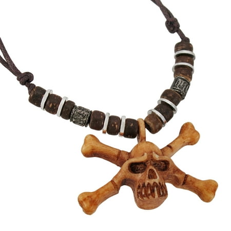 Wooden Skull & Crossbones Pendant W/ Cord Necklace