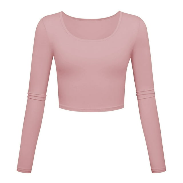 FAIWAD Womens Slim Crop Top Long Sleeve Basic Solid Color Skinny Stretch Roun Neck Pullover Top