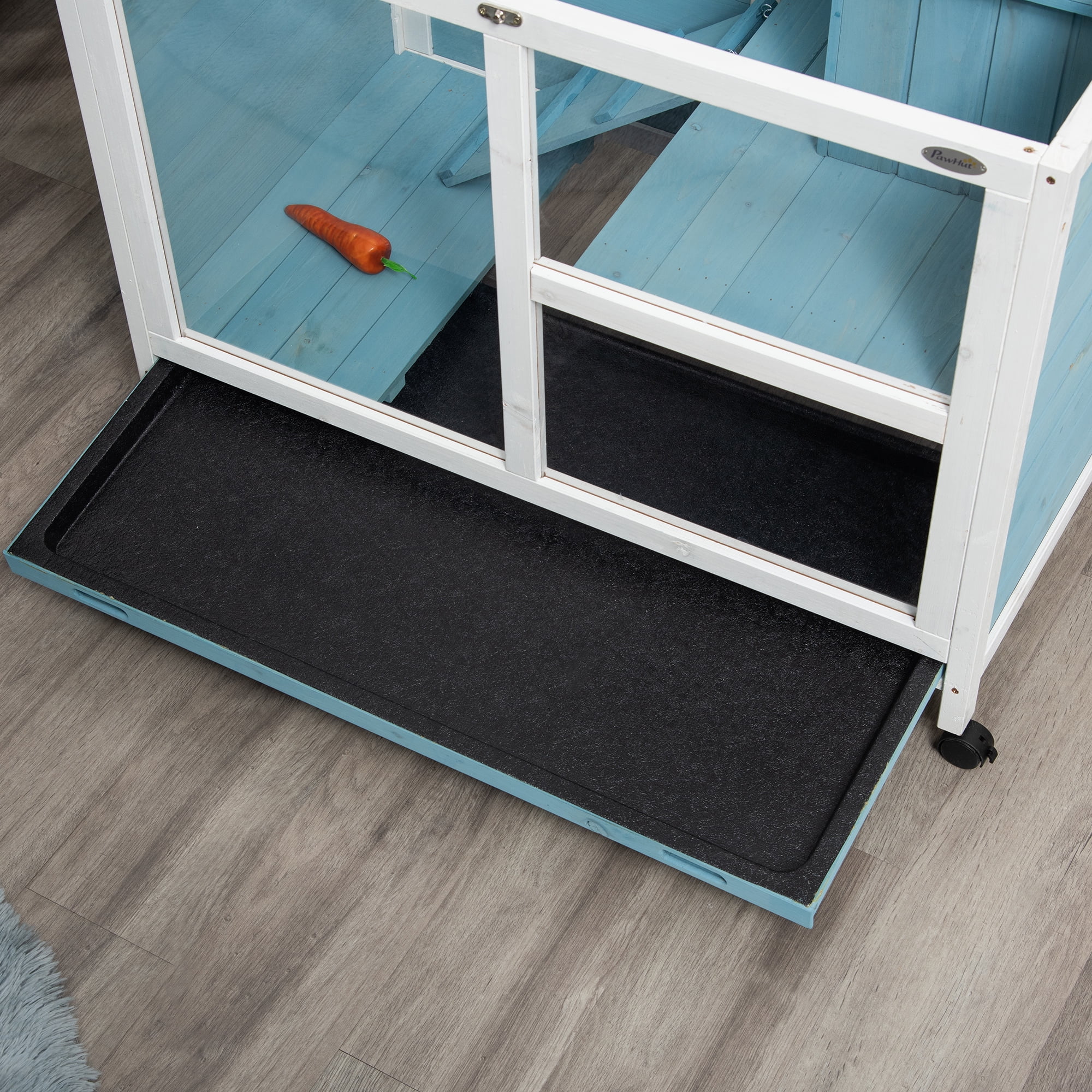 PawHut Indoor Rabbit Hutch with Wheels, Desk and Side Table Sized, Wood Rabbit Cage, Waterproof Small Rabbit Cage, Light Blue