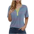 thumbnail image 1 of T-Shirt à Rayures Col en V Manches Courtes Colorblock Décontracté Été Blouse Ample Boutonnée, 1 of 4