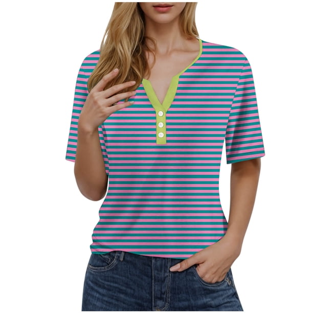 Camiseta de Manga Corta para las Mujeres con Cuello en V de Impresión de Rayas con Botón, Blusa Casual para el Hogar Y Diario