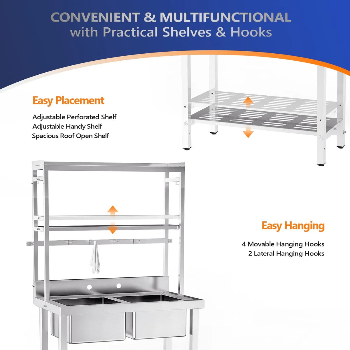 Ktaxon 36" × 21" Stainless Steel Double Utility Sink with Adjustable Shelves, Freestanding Prep Sink with Backsplash & 3.5" Drain