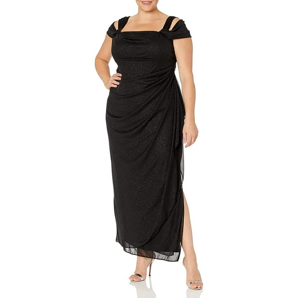 Alex Evenings Womens Plus Size Cold-Shoulder Dress Side Ruched Skirt 8 Petite Black Glitter
