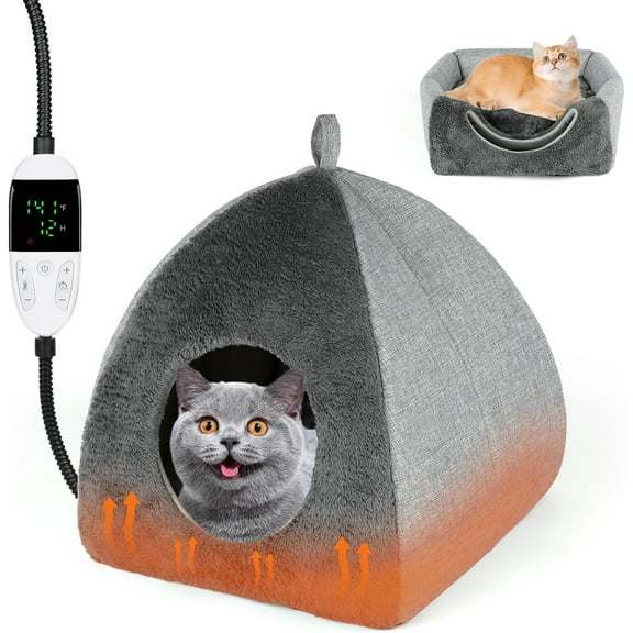 Heated Cat Bed Cave, Adjustable Temperature Heated Pet Bed Indoor with Timer and Timer, Indoor Cat Cave Bed Cat House with Removable Washable Cushioned Pillow and Chew Resistant Cord Update