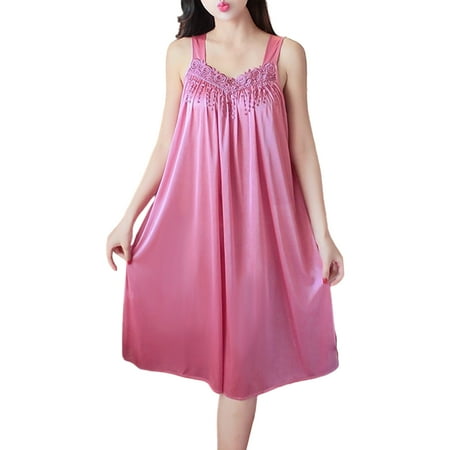 

huanledash Lady Pajamas Solid Color Smooth Lace Patchwork Night Dress for Wedding Night