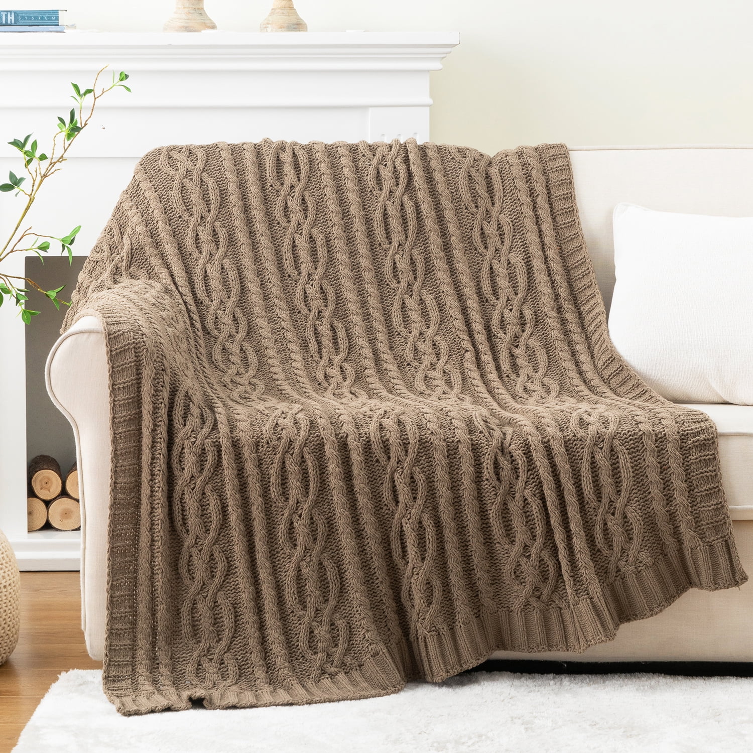 Battilo Camel Throw Blanket,Woven Chenille Cable Knit Blanket,Living Room Decor,51"x67"