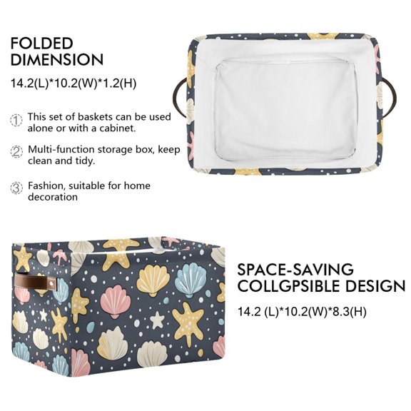 Ryvnso Seashell Starfish Ocean Storage Basket Large Bin Foldable Boxes Toys Organizer 14.2x10.2x8.3in 2 PCs