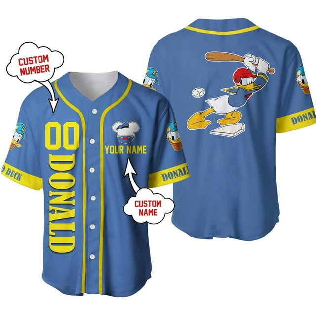Custom Name Donald Duck Baseball Jersey Disney All Over Print 3d Pinstripe Baseball Jersey Summer Fashion Shirt Men Wome Tops