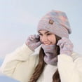 thumbnail image 2 of Xfvqtps Women Hat Scarf Glove Set with Plush Lined Winter Warm Knit Stretchy Extended Beanie Neck Warmer Gloves Set Purple, 2 of 4