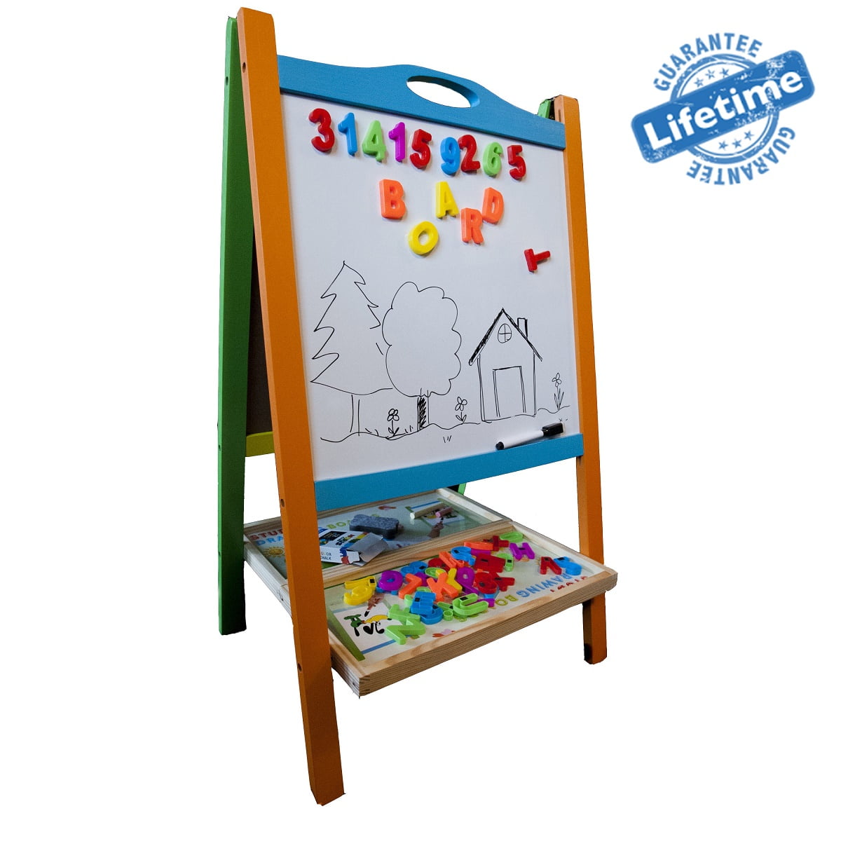 Wooden Art Easel Double-Sided Whiteboard /& Chalkboard Adjustable Standing Easel with Paper Roll Holder,Letters,Numbers Magnets and Other Accessories for Kids