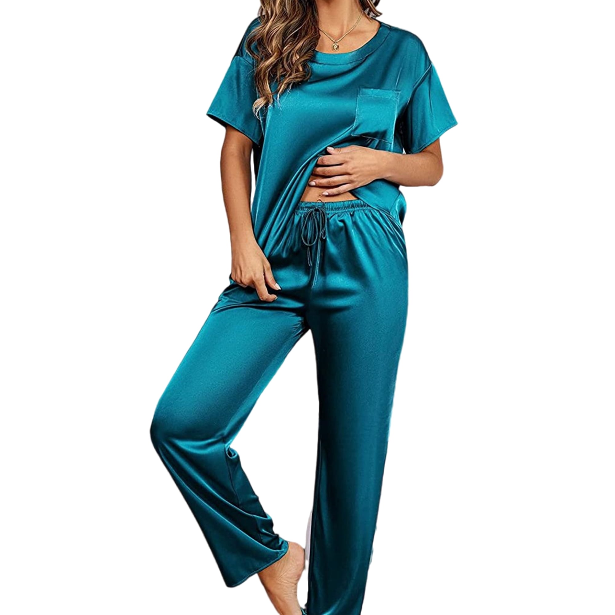 Bellella Ladies Lounge Set Solid Color Sleepwear Elastic Waist Nightwear Casual Satin Pajamas Sets Sleep Tracksuit Dark Blue XL
