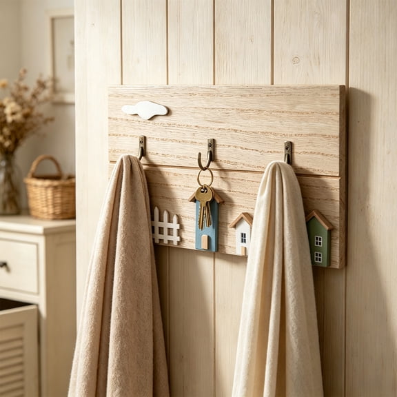 Rustic Wooden Wall Mounted Coat Rack, Cute House Pattern Sturdy 3 Hooks No Drill Smooth Hook Edges, Entryway Organizer Holders Rack Decor for Key Home Porch Store Apartment Dorm Office Daily Hosting
