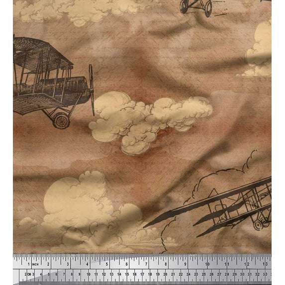 Soimoi Silk Fabric Clouds & Airplane Transport Print Fabric by The Yard 42 Inch Wide