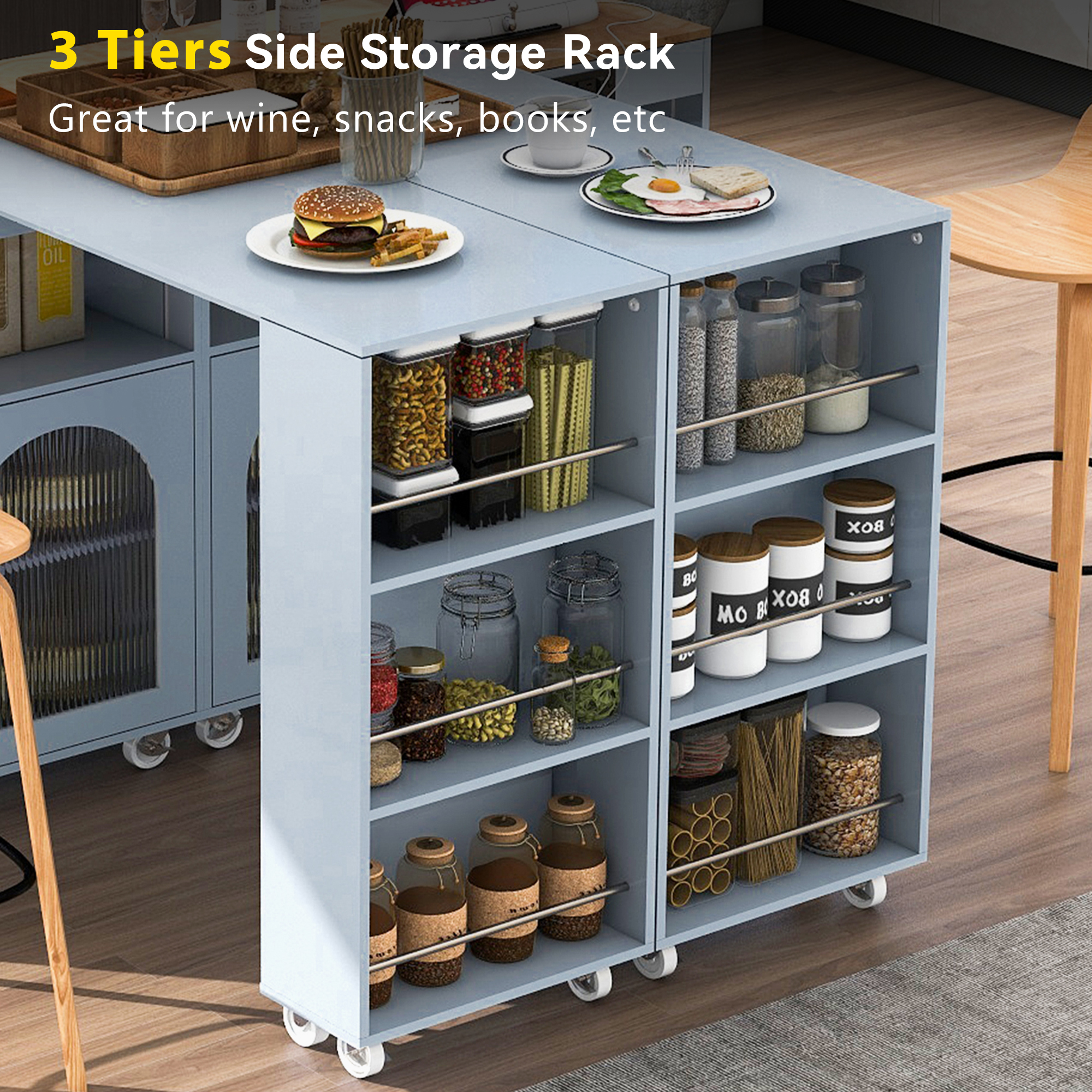 White Kitchen Island with Movable Dining Table, LED Lights, Power Outlets, 2 Ribbed Glass Doors, Storage Compartments & 3 Open Side Shelves, Modern Kitchen Island with Storage for Dining Room