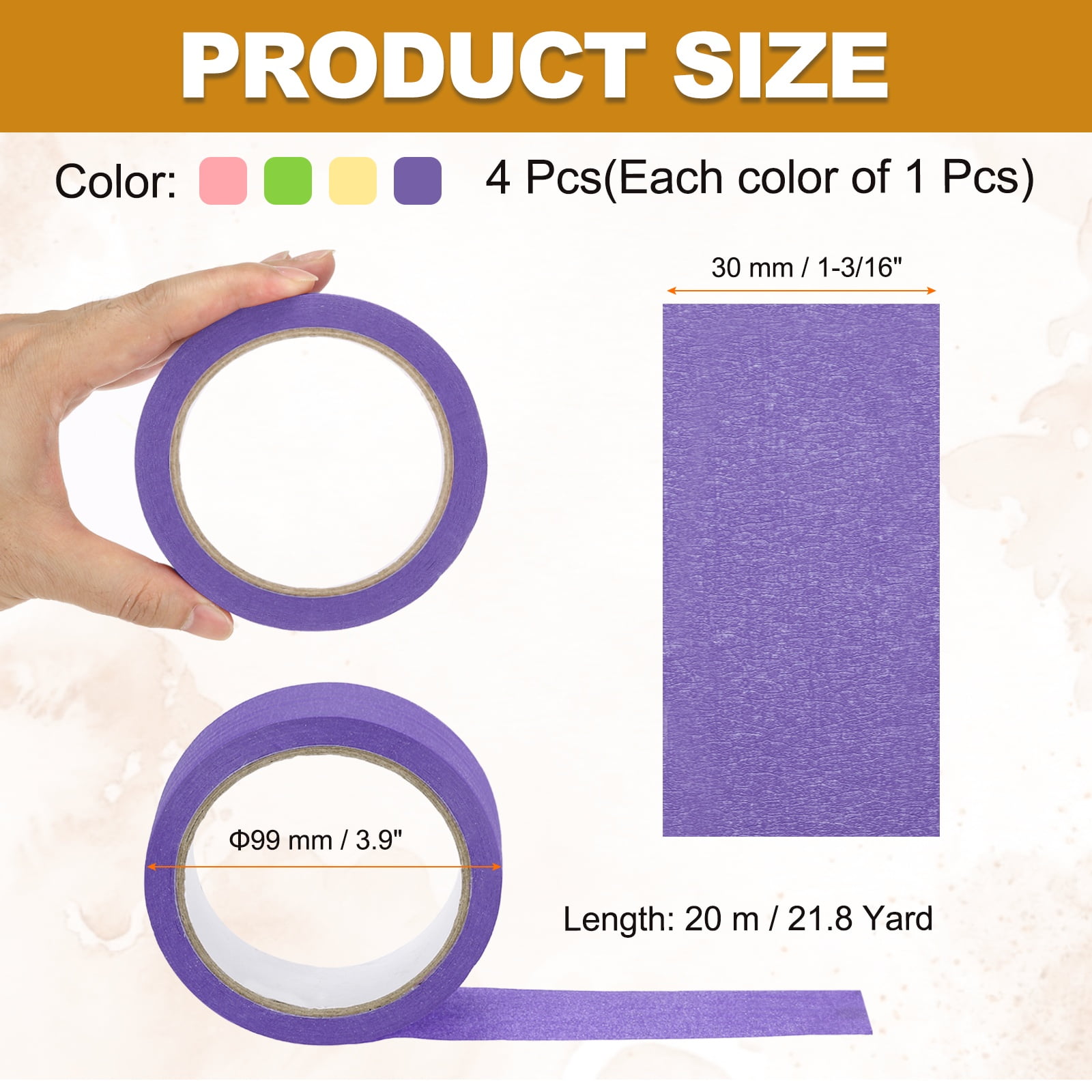 4pcs 1-3/16" x 22 Yard Colored Masking Tape, Pink Yellow Purple Green