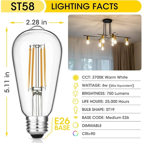 THESG-Vintage LED Edison Bulbs 6W, Equivalent 60W Incandescent, Warm White 2700K, ST58 Antique LED Filament Bulbs with 90  CRI, E26 Medium Base,Dimmable, Clear Glass, Pack of 6