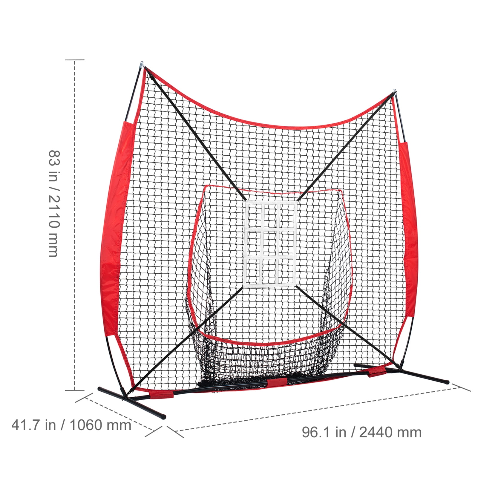 KFFKFF 7x7 ft Net for Baseball Softball Drills, Movable Training Mesh for Batting Catching Throwing, Backstop Gear with Arc Structure, Transport Sack, Target Area, 12 Spheres, Stand
