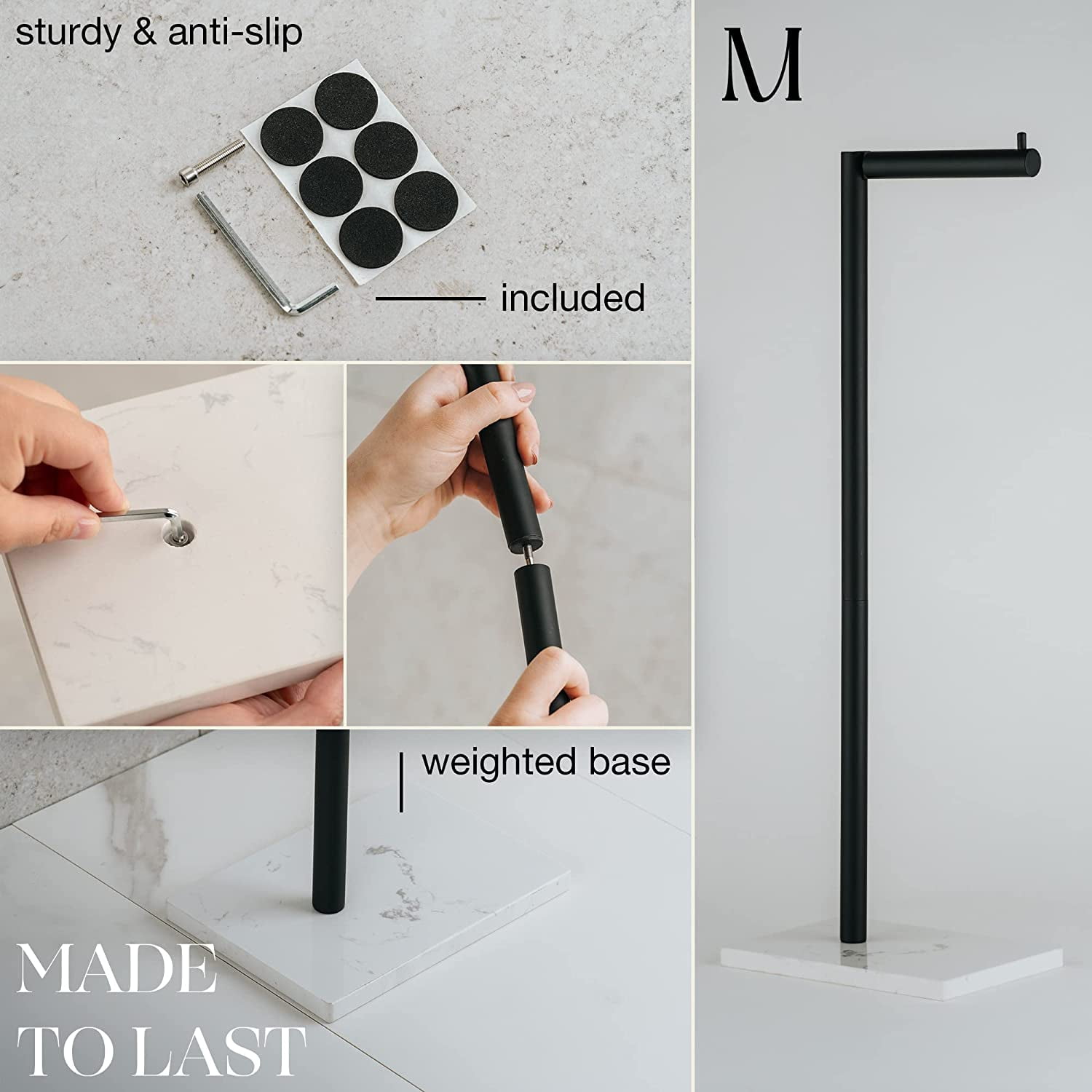 Marmolux Acc Matte Black Toilet Paper Holder Free Standing W/ White Marble Base Storage for Bathroom