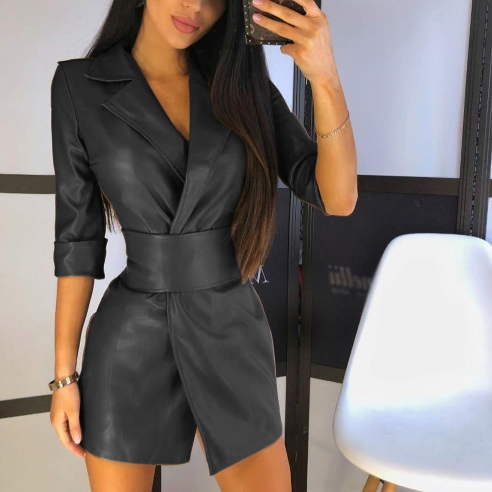 Womens Dress Semi formal Dresses plus Women Cool Leather Coat Long Sleeve V Winter Jacket Pu Sexy Bodycon Leather Dress Adult Female Clothes Black Size L Walmart
