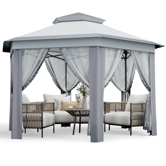 Pop up Gazebo, Hexagonal Outdoor Canopy Shelter, Adjustable Height, Instant Patio Gazebo Sun Shade Canopy Tent with Mesh Netting for Lawn, Garden, Backyard & Deck