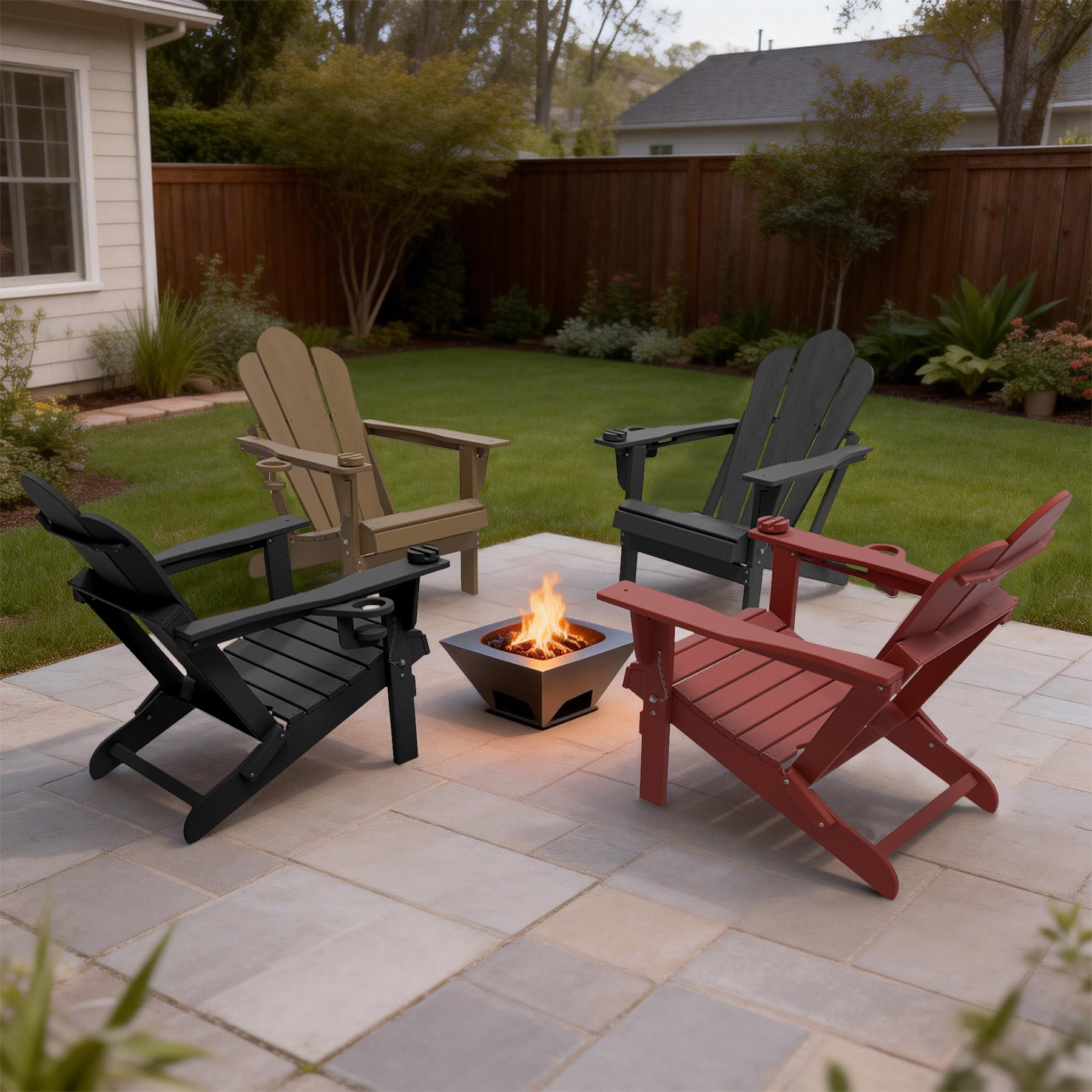 Tappio Folding Adirondack Chair Set of 2, All Weather HDPE Outdoor Patio Chairs with 3- Position Adjustable Backrest, Detachable Multifunctional Holders and Cup Holders, Fire Pit Chairs, Brown