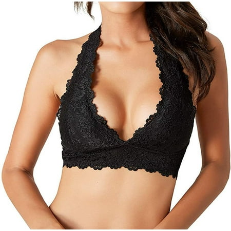 

MOLUTAN Lace Floral Halter Bralette for Women Wireless Deep V Lingerie Bra with Removable Padded Backless Crop Top Bra