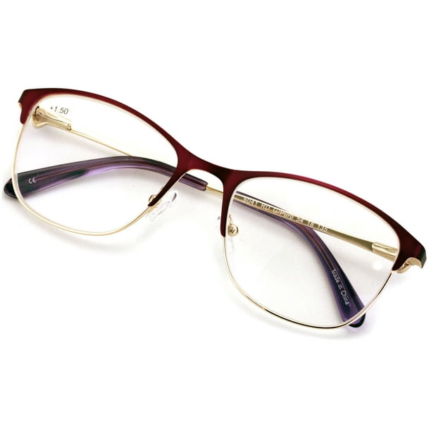 Premium Women Fashion Half Rim Optical Frame Reading Glasses With Rhinestones Clear Lens Metal