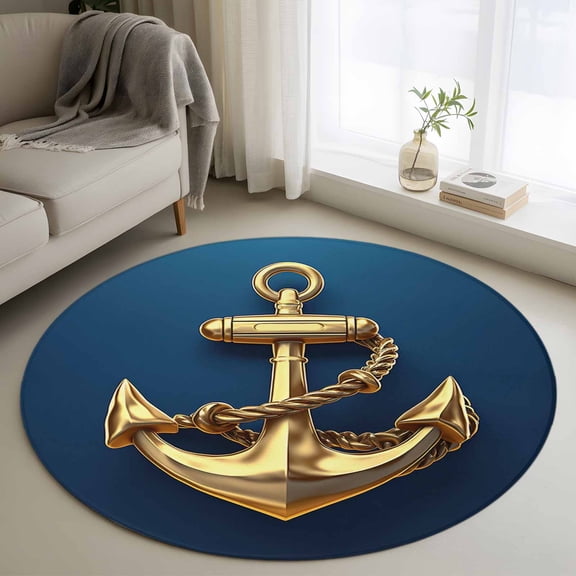 Yellow Anchor Round Area Rug 4 FT, Non Slip Indoor Outdoor Rug, Coastal Nautical Anchor Navy Blue Washable Soft Circular Carpet Non-Shedding Floor Mat for Coffee Table Nursery Foyer Balcony