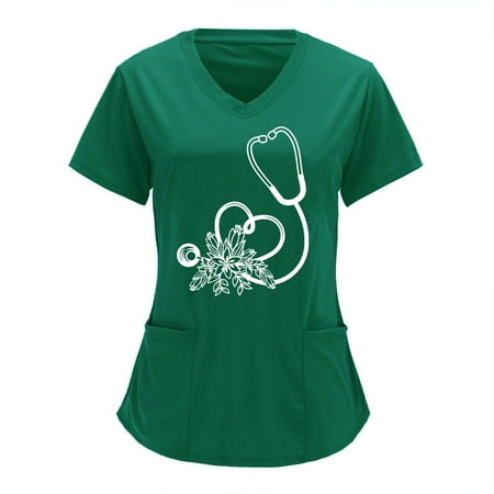 

Scrub Tops for Women Solid Color Print Graphic Workwear Short Sleeve V Neck Medical Scrub Nurses Tops