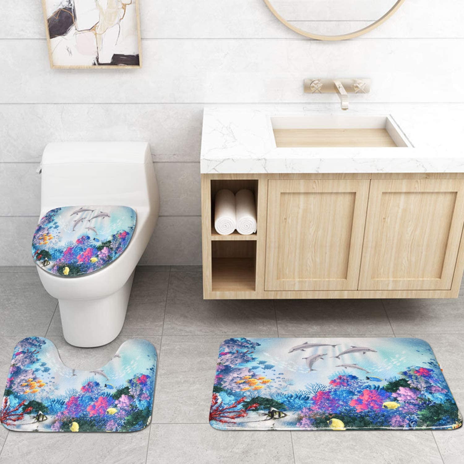 Blue Dolphin Shower Curtain and Rug Sets, 4 Pc Ocean World Bathroom Sets