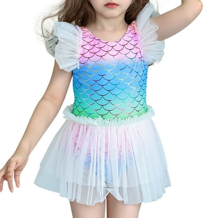 Toimothcn Girl s Swimsuit Ruffled Sleeve Casual Colorful Fish Scale Printed 2 Piece Tail Bikini Set Quickly Dry Cover Up Swimwear 5-6 Years