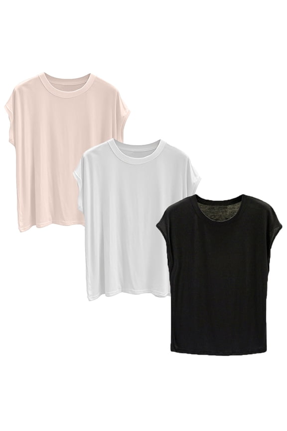 3-Pack Modal Basic Tees - Women's Soft Crew Neck Short Sleeve Shirts (Breathable Everyday Wear | Lightweight Comfort) (A | L)