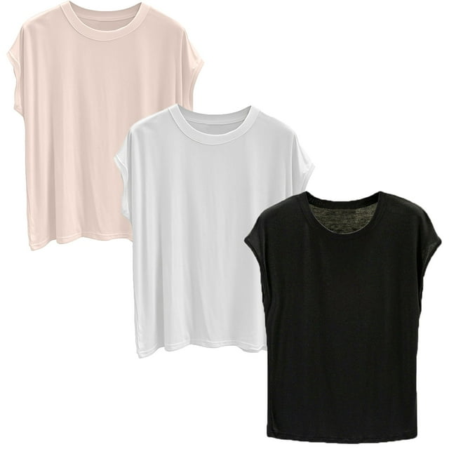 Yubnlvae Lot de 3 T-Shirts de Base en Modal - T-Shirts à Col Rond Doux à Manches Courtes pour Femmes (Port Quotidien Respirant / Confort Léger) (A / TTG)
