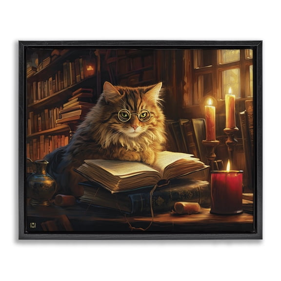 Stupell Industries Traditional Cat Reading by Candlelight Black Floating Frame Canvas Art, 21 x 17, by Michael David Ward